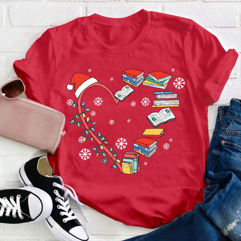 Book Heart Christmas Lights Teacher T-Shirt