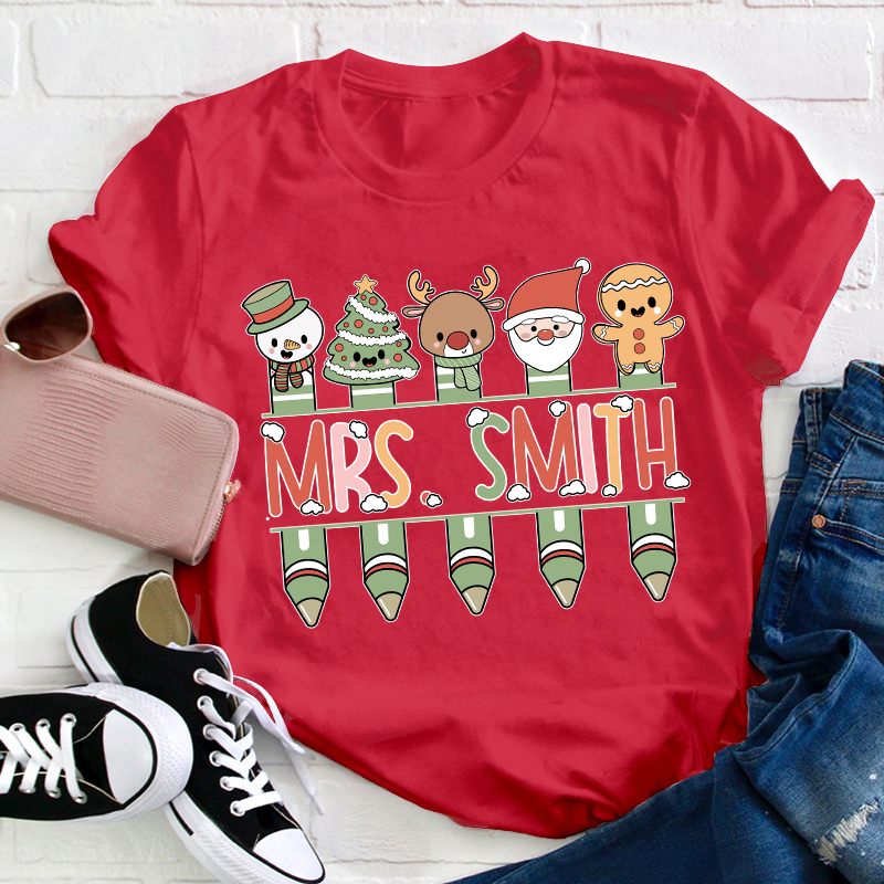 Personalized Name Cute Christmas Pen Teacher T-Shirt