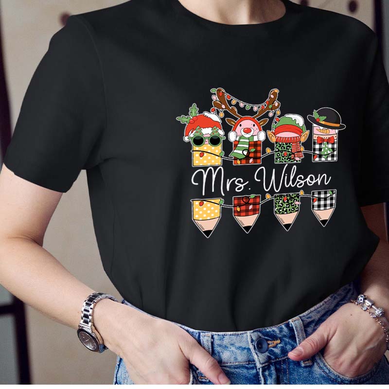 Personalized Name Cute Christmas Pencils Teacher T-Shirt