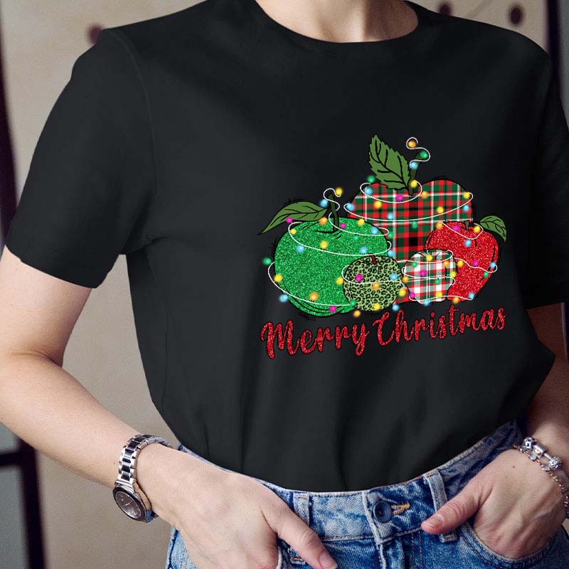 Christmas Apples Surrounded By Lights Teacher T-Shirt