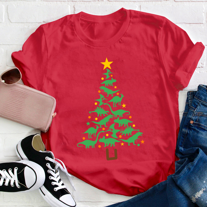 Dinosaur Chirstmas Tree Teacher T-Shirt