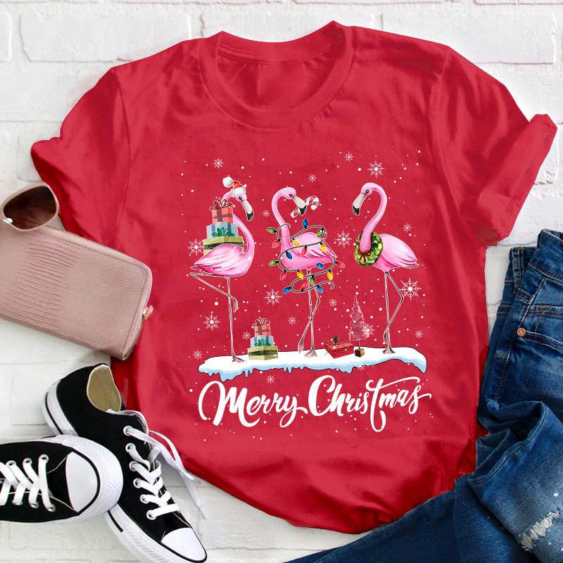 Pink Flamingo Merry Christmas Teacher T-Shirt