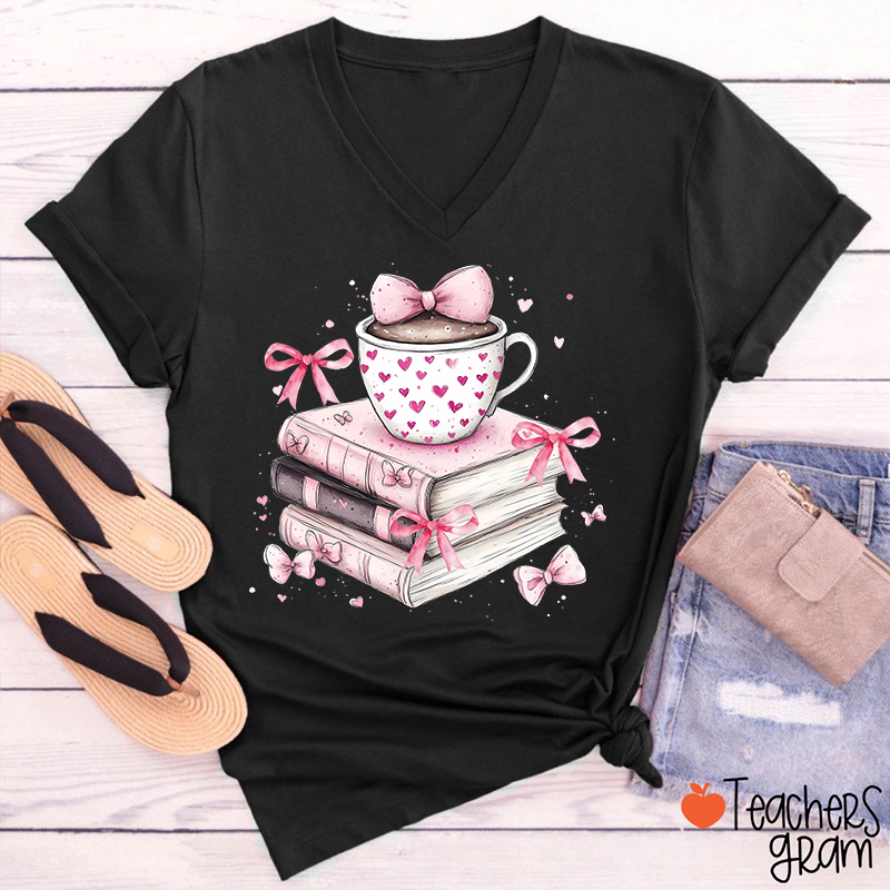 Coffee Books Valentines Day Teacher Female V-Neck T-Shirt