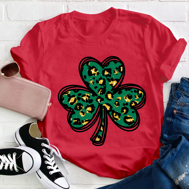 Leopard Glitter Shamrock Teacher T-Shirt