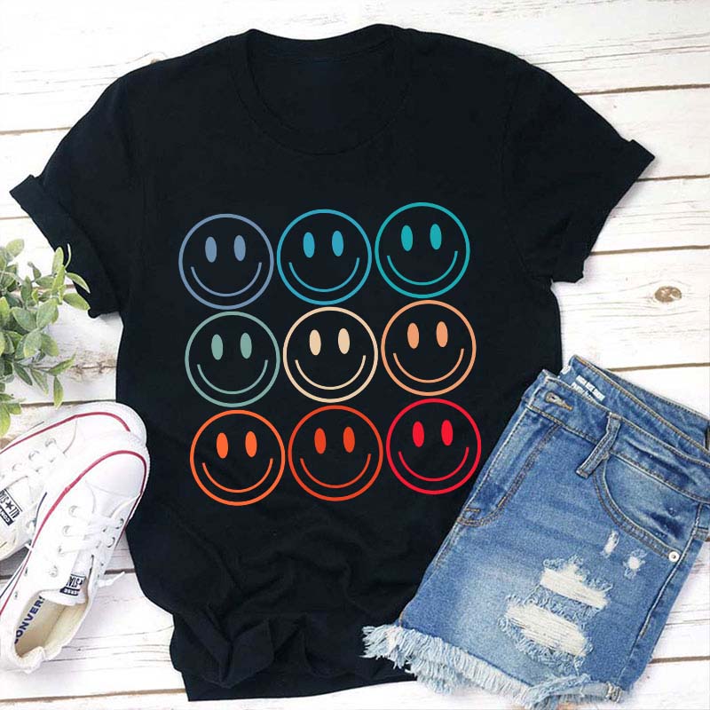 Happy Colorful Face Graphic Teacher T-Shirt