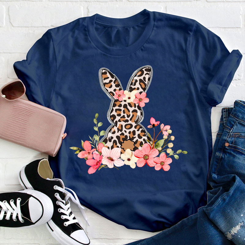 Leopard Floral Bunny Teacher T-Shirt