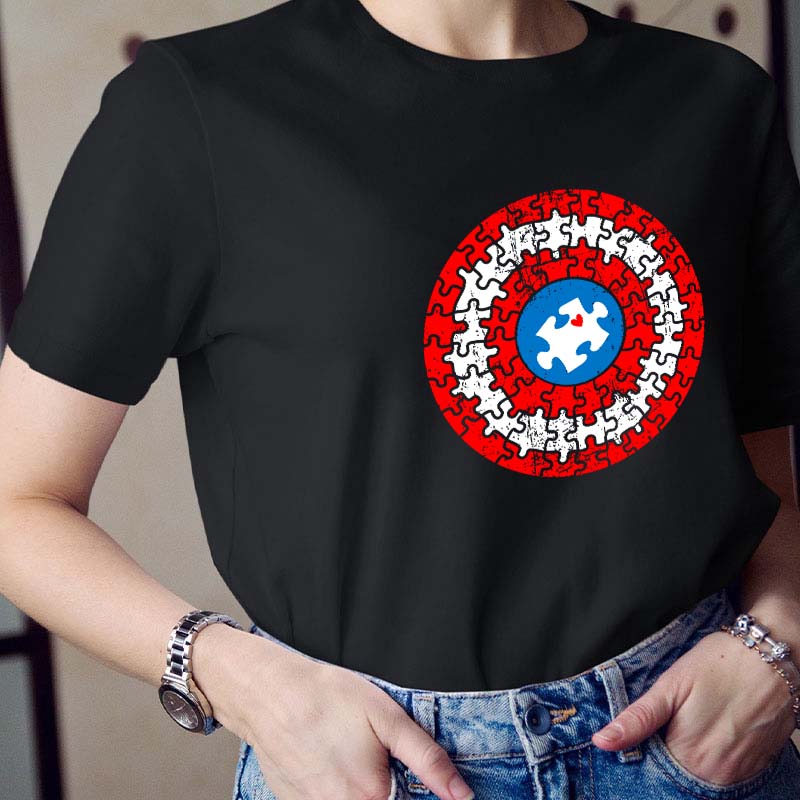 Superhero Shield Autism Puzzle Teacher T-Shirt