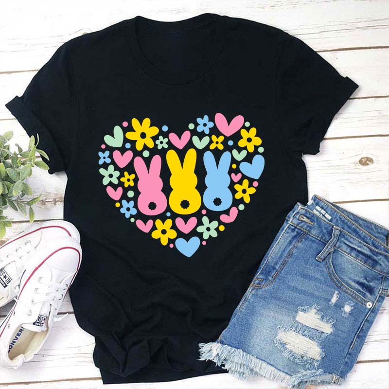 Floral Bunnies Heart Teacher T-Shirt