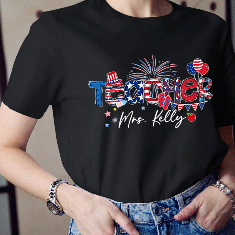 Personalized Name Flag Fireworks Balloon Teacher T-Shirt