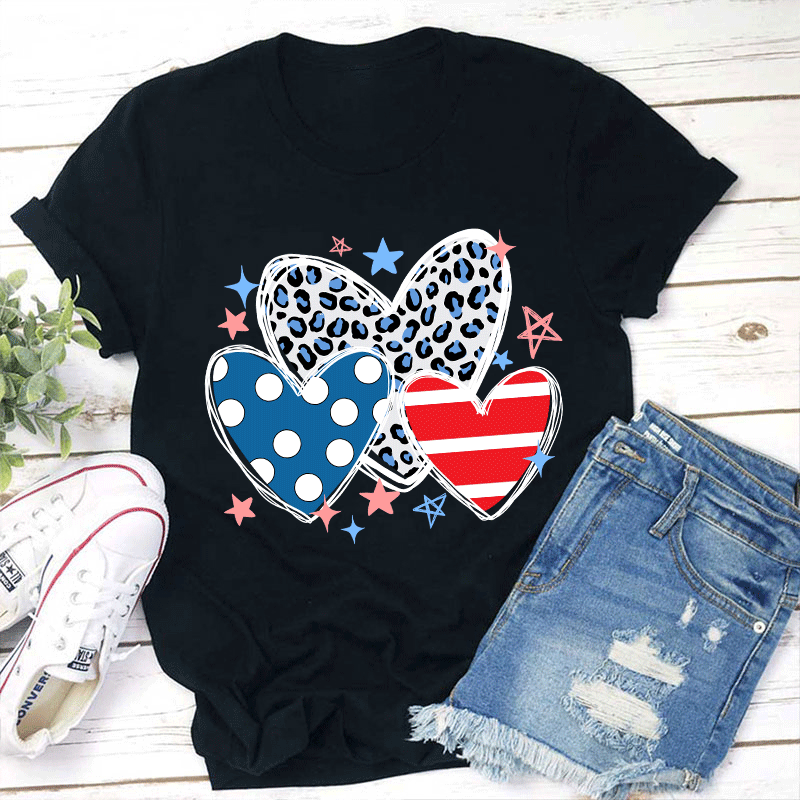 American Hearts Leopard Print Teacher T-Shirt