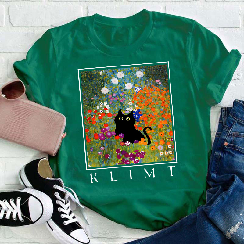 Klimt Cat Garden Cat Teacher T-Shirt
