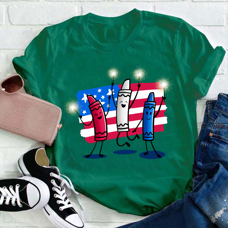 4th Of July Color Crayon Teacher T-Shirt