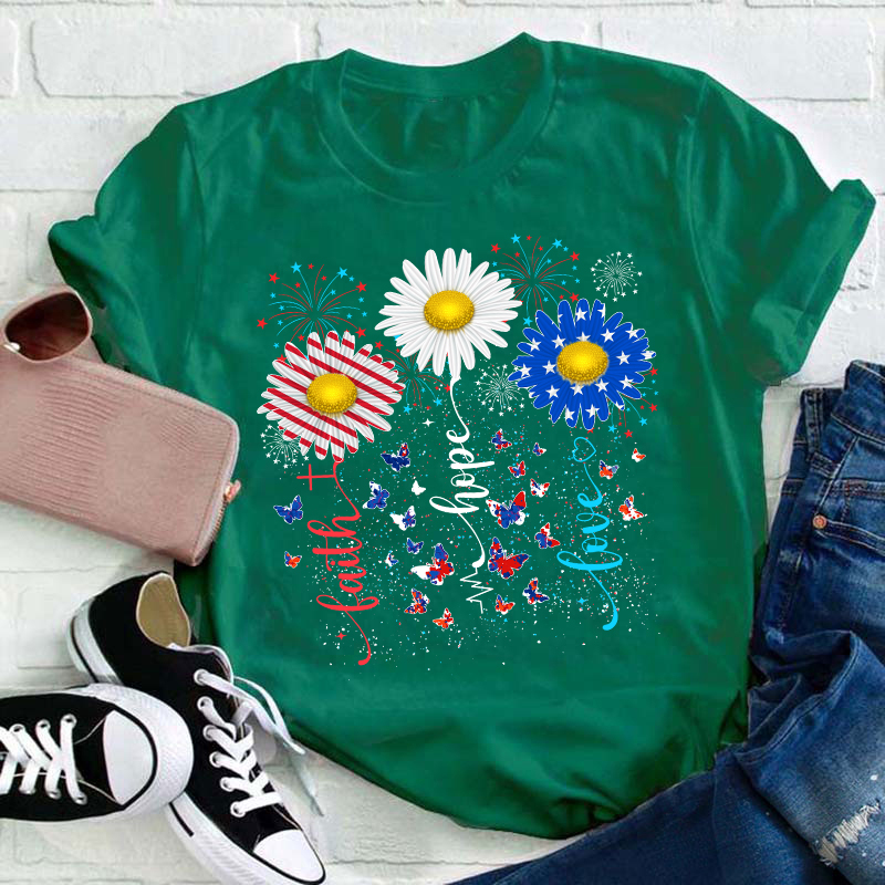 Faith Hope Love Flag Sunflower Teacher T-Shirt
