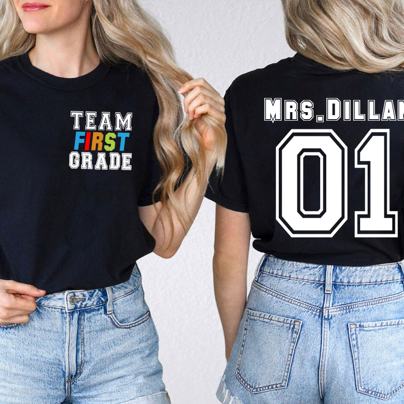 Personalized Retro Team Grade Teacher Two Sided T-Shirt