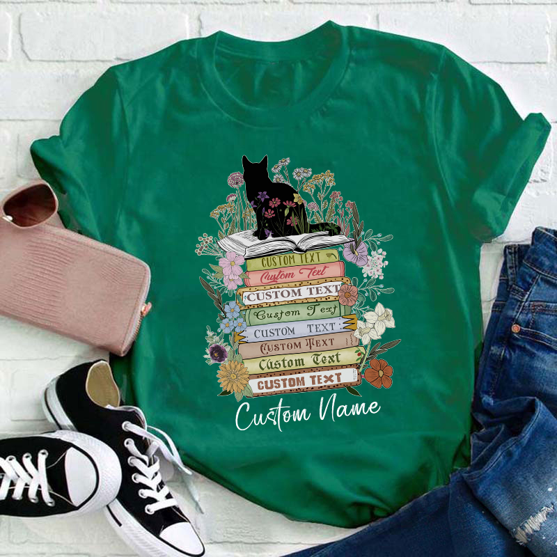 Personalized Vintage Floral Cat Books Teacher T-Shirt