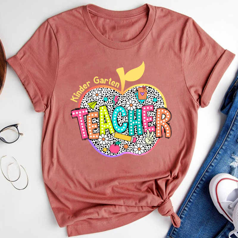 Personalized Neon Leopard Apple Grade Teacher T-Shirt