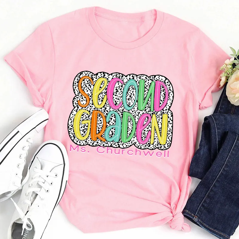 Personalized Neon Lights And Polka Dots Teacher T-Shirt