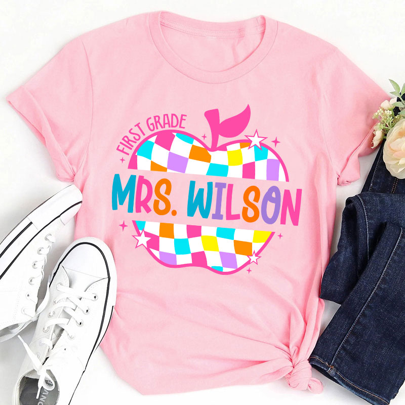 Personalized Colorful Checkerboard Hollow Apple Teacher T-Shirt