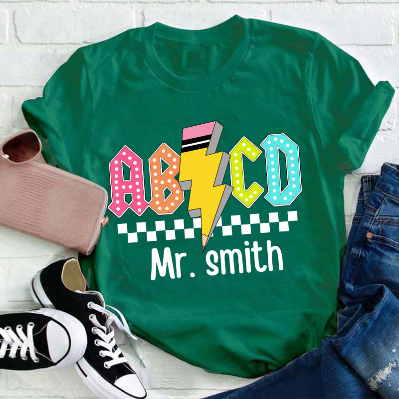 Personalized Teacher's Name Lightning Pencil Icon Teacher T-Shirt