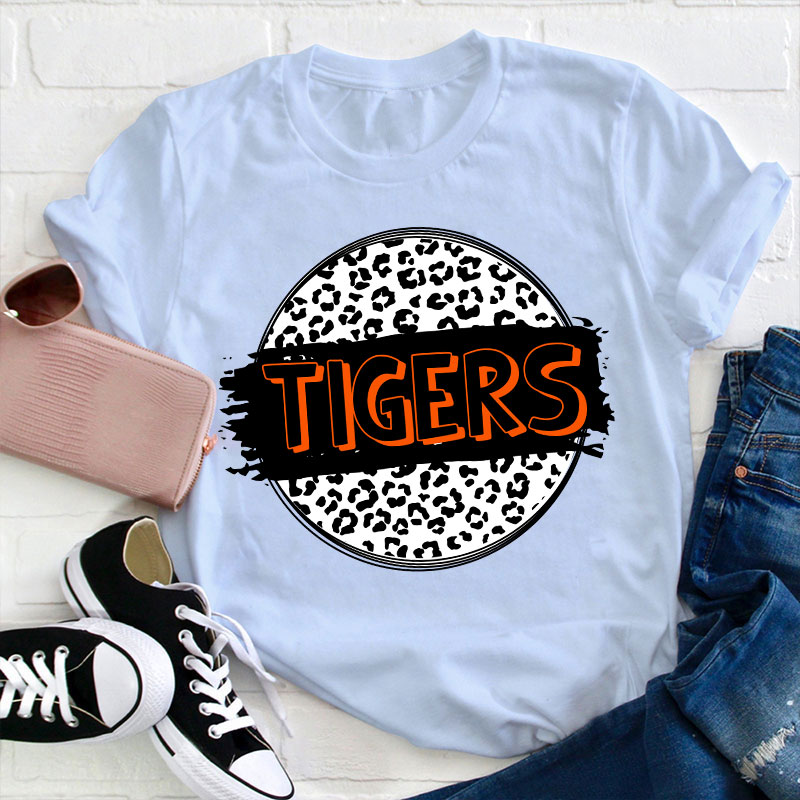 Personalized  Mascot Round Leopard Print Teacher T-Shirt