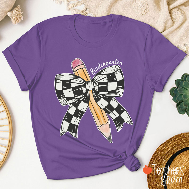Personalized Grade Checkered Bow Pencil Teacher T-Shirt