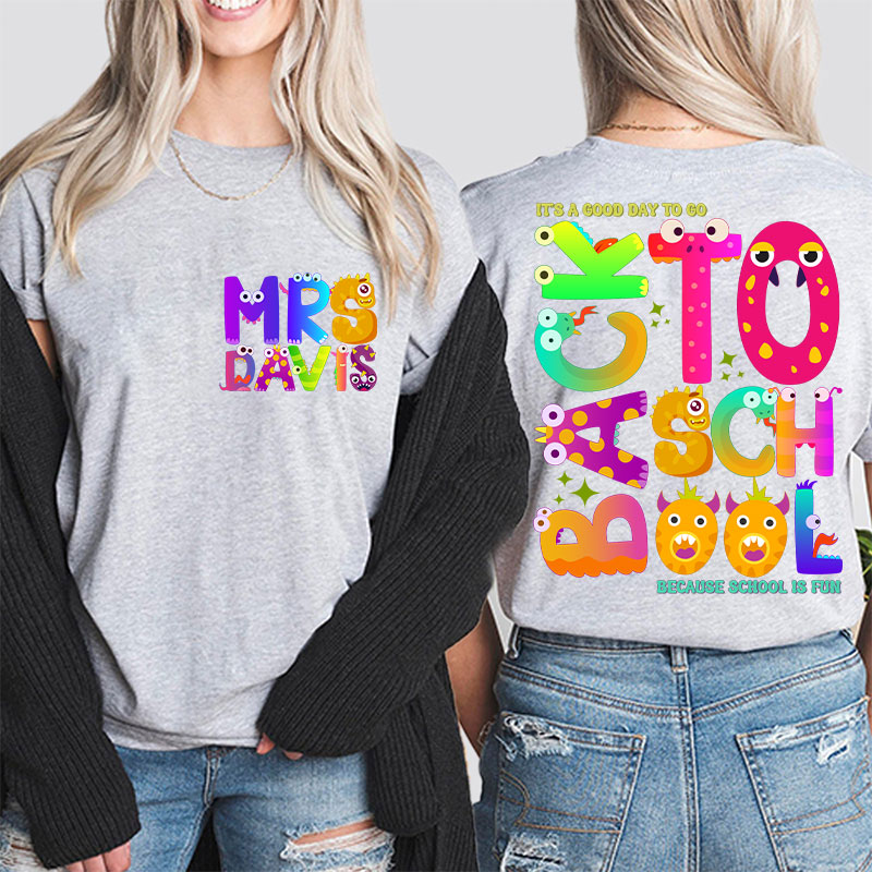 Personalized Name Cute Animal Alphabet Teacher Two Sided T-Shirt