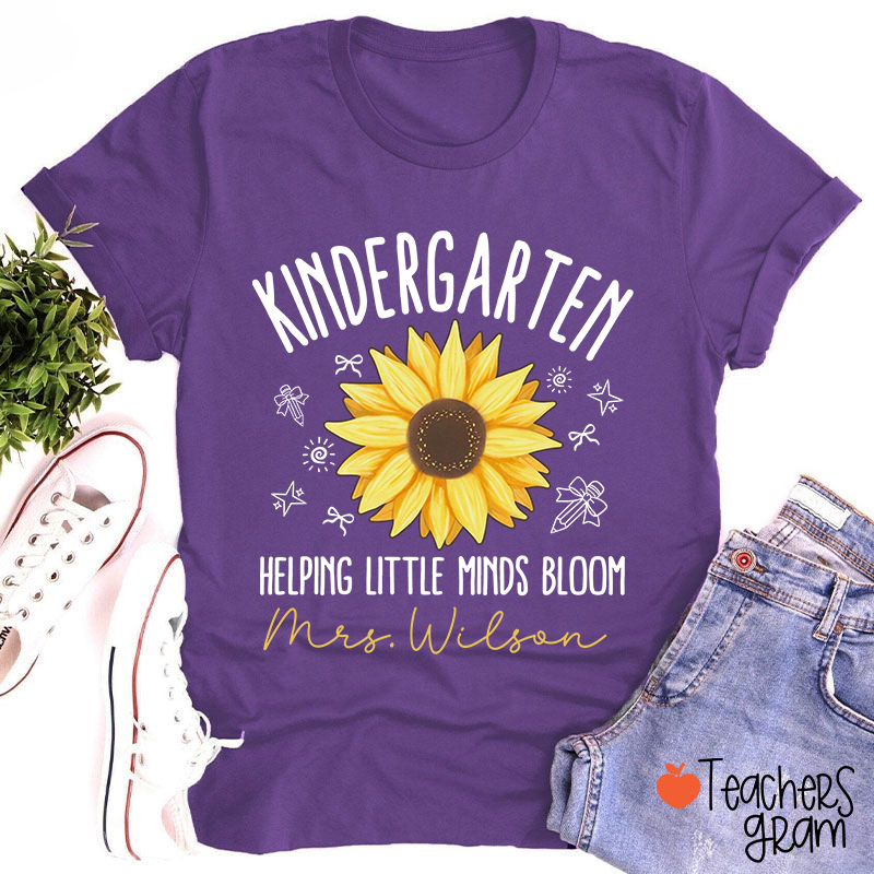 Personalized Grade And Name Helping Little Minds Bloom Teacher T-Shirt