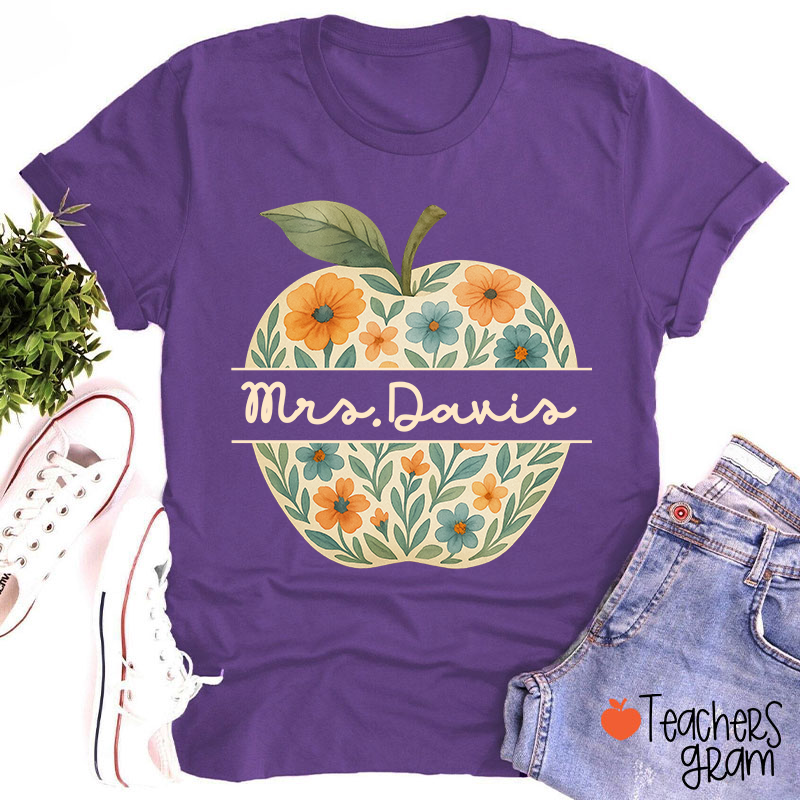 Personalized Name Vintage Floral Apple Teacher T-Shirt
