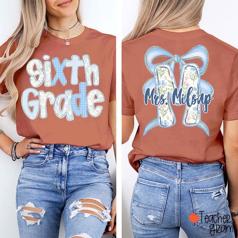 Personalized Grade And Name Initials Blue Bow Teacher Two Sided T-Shirt