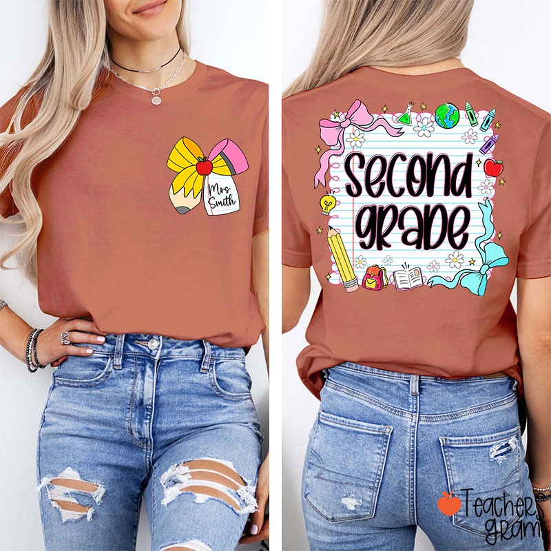 Personalized Grade And Name Pencil Bow Notebook Teacher Two Sided T-Shirt