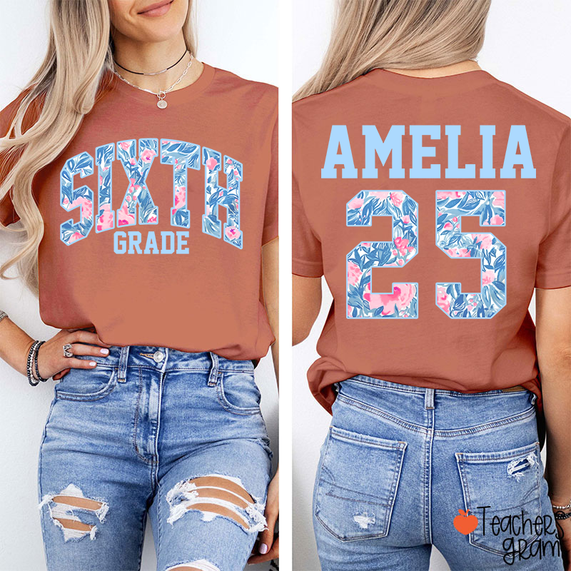 Personalized Flower And Leaf Pattern Text And Numbers Teacher Two Sided T-Shirt