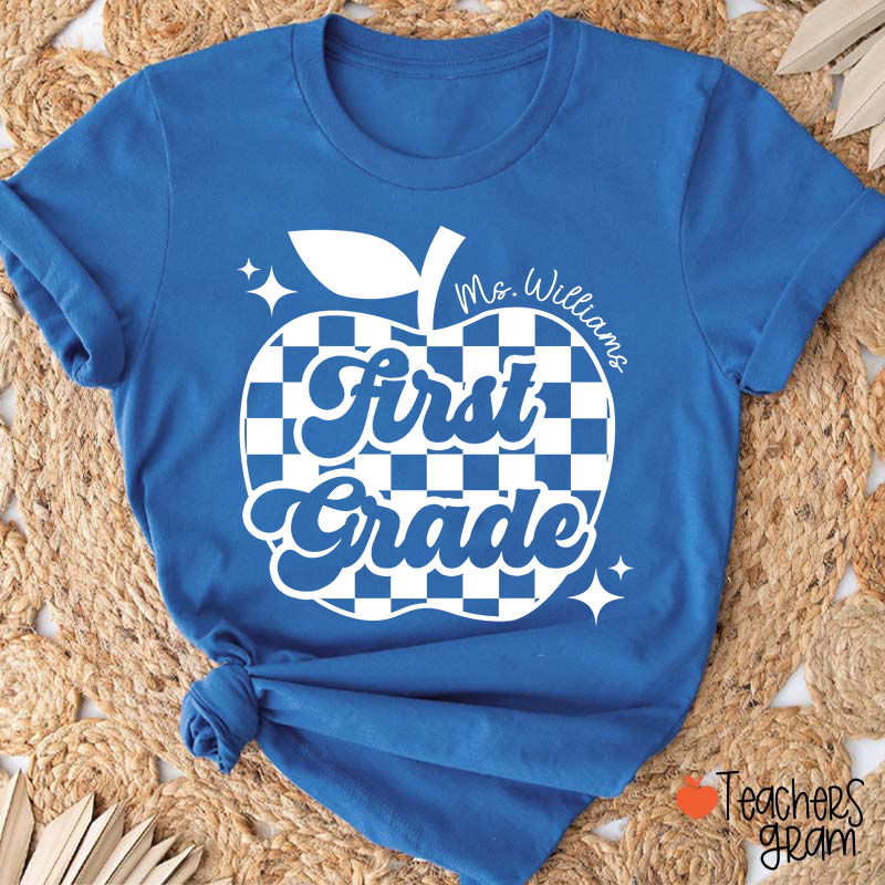 Personalized Black And White Checkerboard Apple And Name Teacher T-Shirt