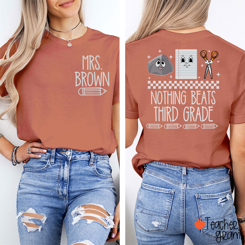 Personalized Grade Name Pencil Rock Checkerboard Notebook Scissors Teacher Two Sided T-Shirt