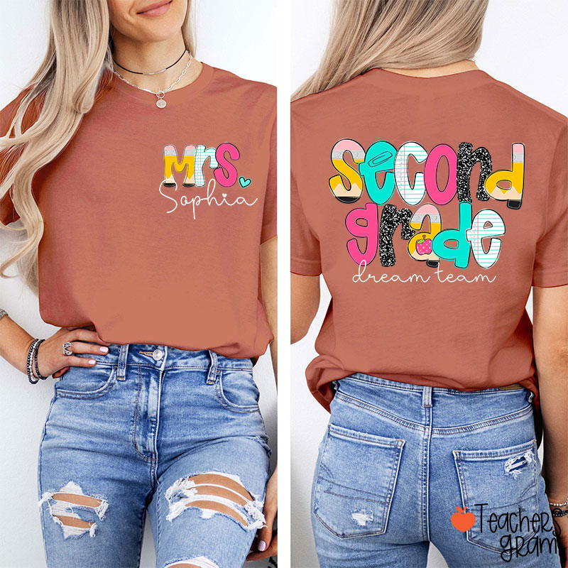 Personalized Grade And Name Pencil Notebook Teacher Two Sided T-Shirt