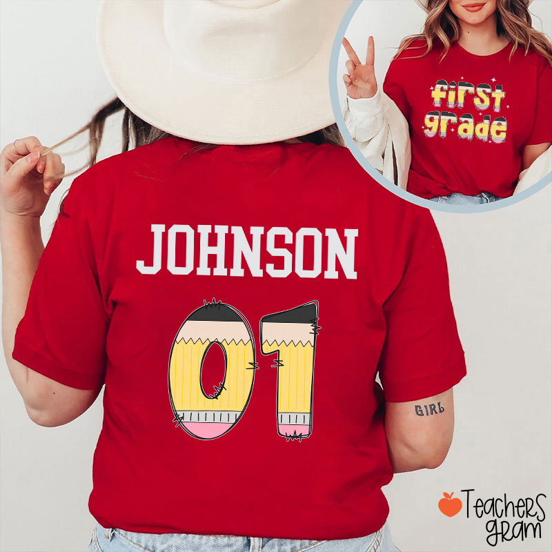 Personalized Pencil Pattern Letters And Numbers Teacher Two Sided T-Shirt
