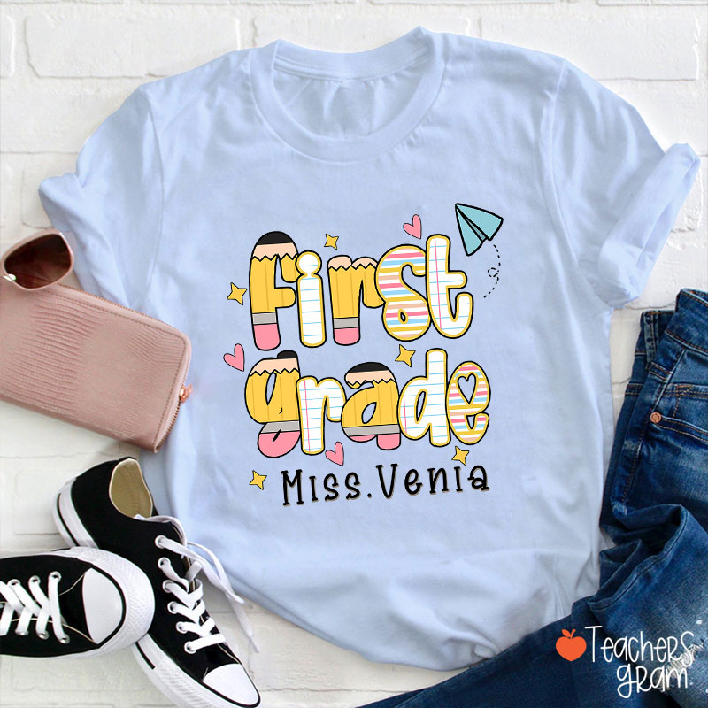 Personalized Name Grade Pencil Notebook Heart Star Paper Plane Teacher T-Shirt