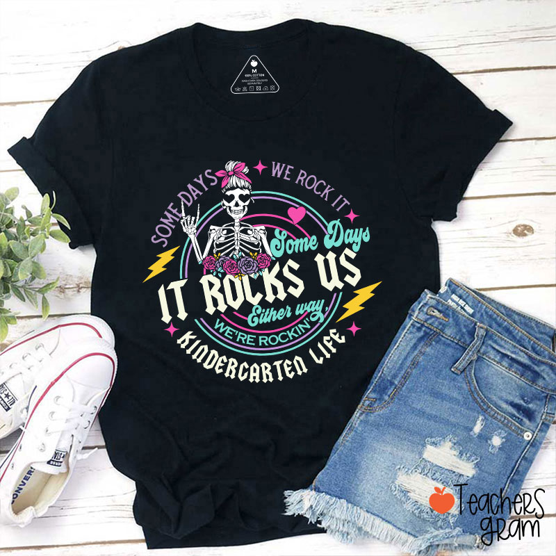 Personalized Grade Name Rock Skull Bow Lightning Teacher T-Shirt