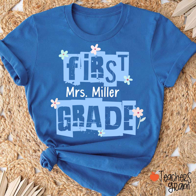 Personalized Grade Name Hollow Monochrome Flowers Teacher T-Shirt