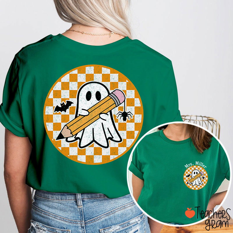 Personalized Name Circle Checkered Ghost Teacher Two Sided T-Shirt