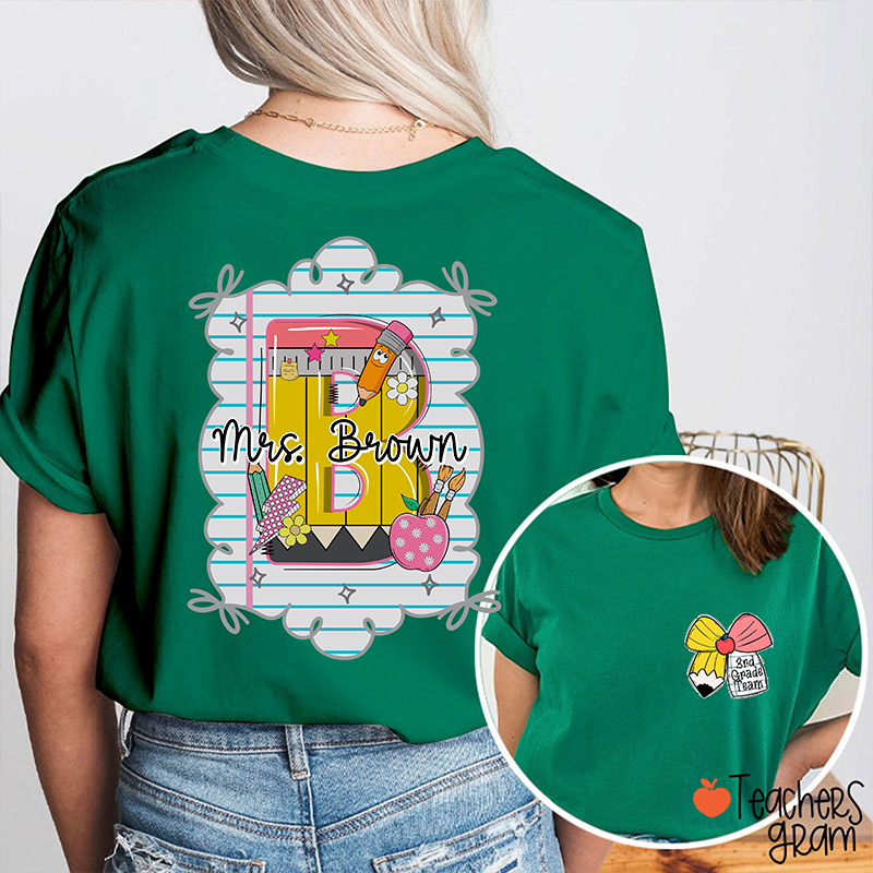 Personalized Grade And Name Pencil Bow Initials Teacher Two Sided T-Shirt