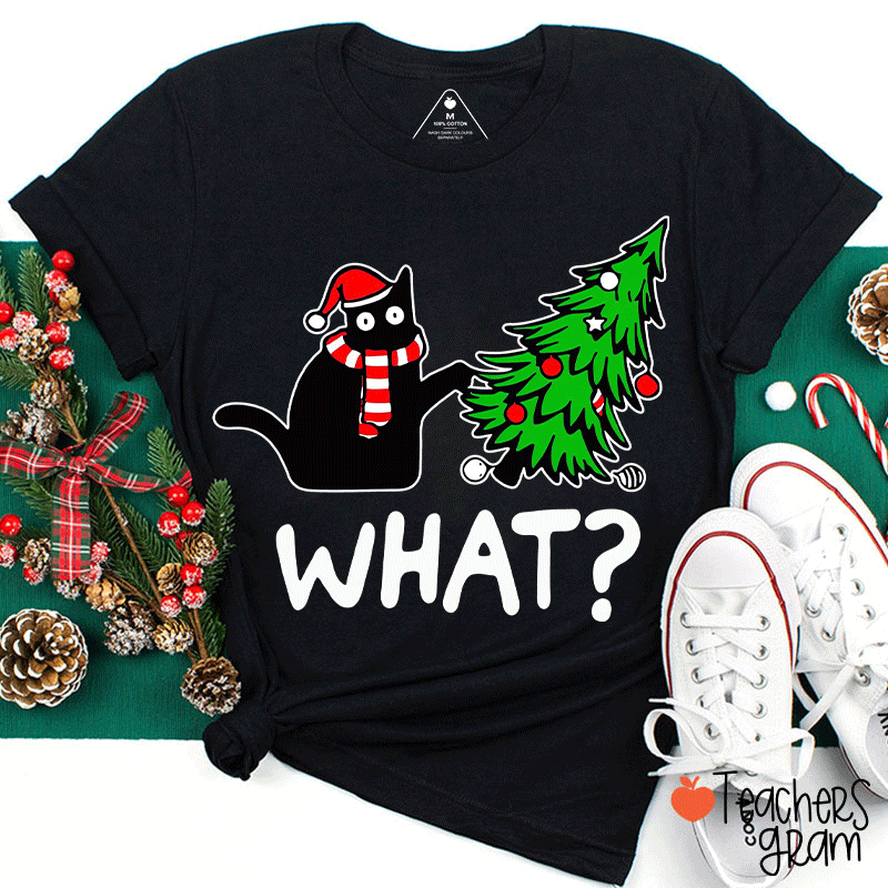 Cat Pushes Christmas Tree Teacher T-Shirt