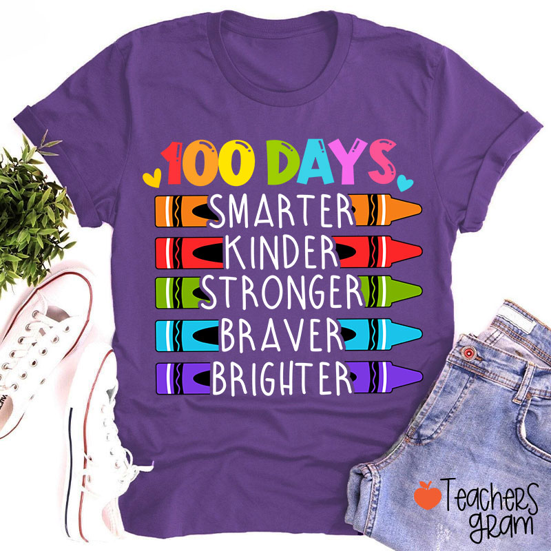 100 Days Smarter Kinder Stronger Braver Brighter Teacher T-Shirt