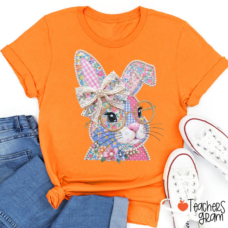 Faux Patchwork Bunny Teacher T-Shirt