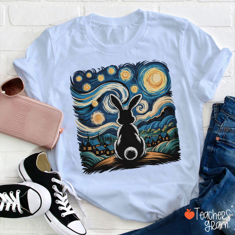 Starry Night Van Gogh Rabbit Teacher T-Shirt