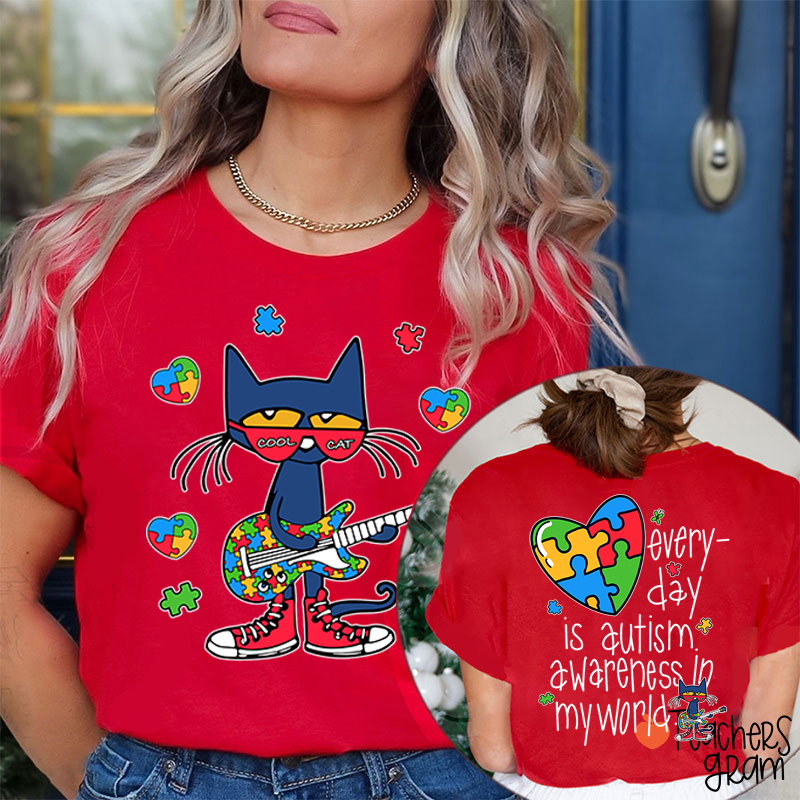 Every Day Is Autism Awareness Day In My World Cool Cat Teacher Two Sided T-Shirt