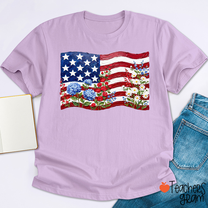 Floral American Flag Teacher T-Shirt