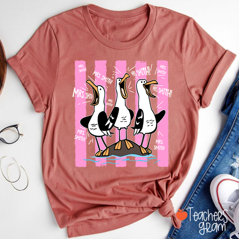 Personalized Pink Stripes Seagull Meme Teacher T-Shirt