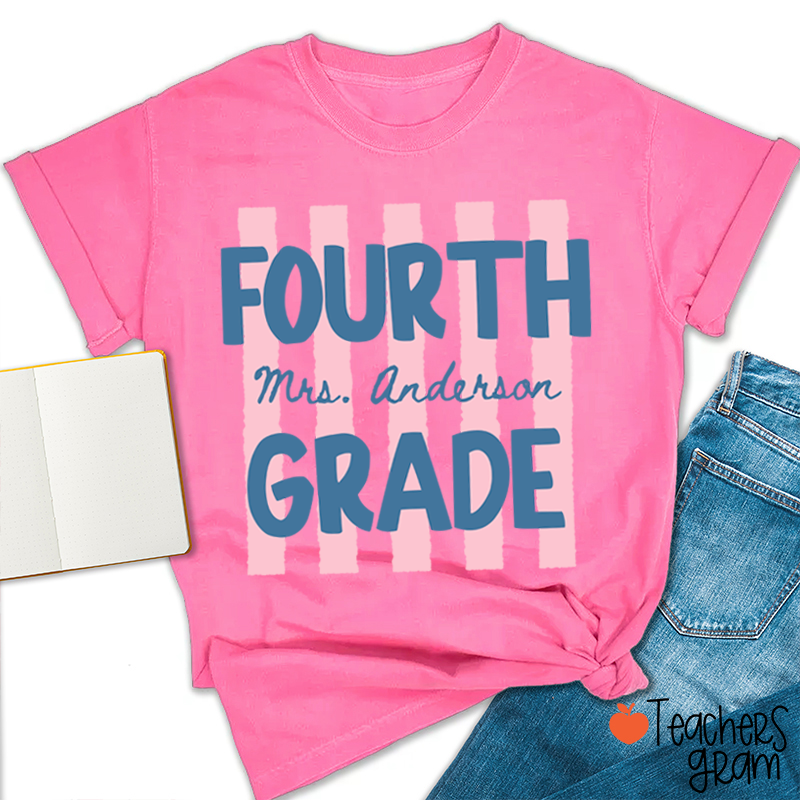 Personalized Name And Grade Preppy Stripes Teacher T-Shirt