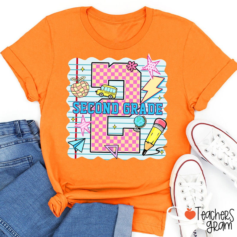 Personalized Pink Plaid And Notebook Style Teacher T-Shirt