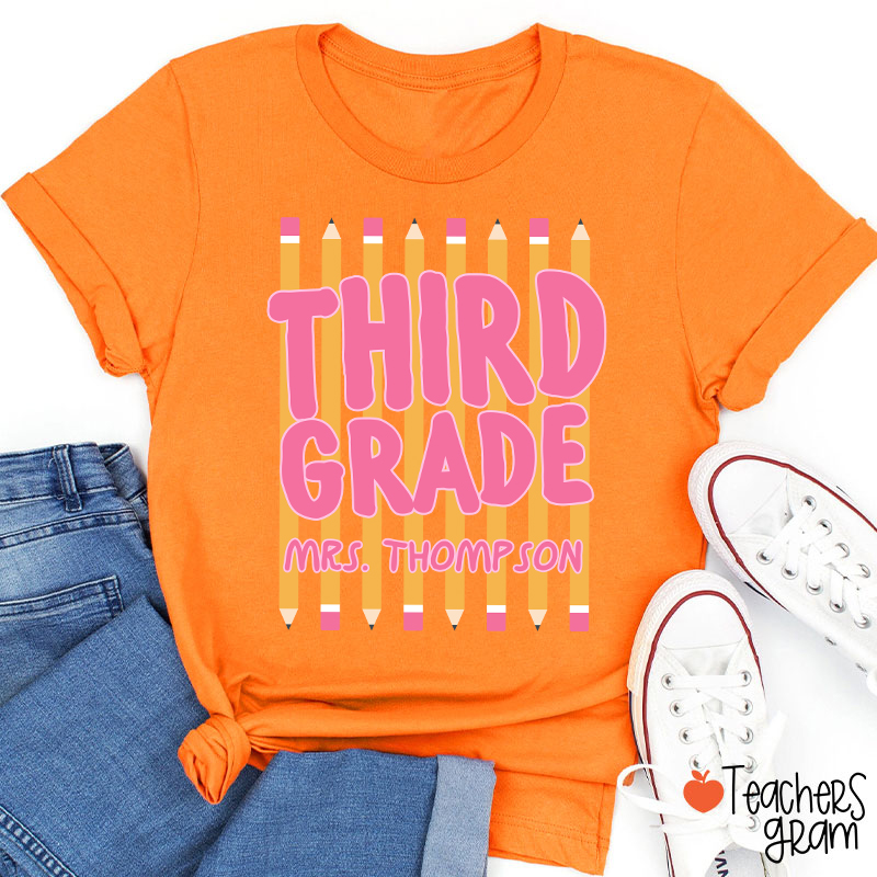 Personalized Name And Grade Pencil Stripes Teacher T-Shirt
